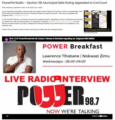 powerfm-interview - Municipal Debt Specialist Screenshot of a news article header with a Power Breakfast live radio interview banner and a man portrait on the left.