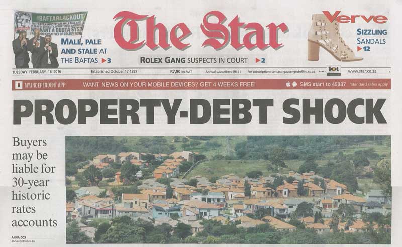star-property-debt-shock-x800 - Municipal Debt Specialist Front page of The Star newspaper with a large 'PROPERTY-DEBT SHOCK' headline above a photo of a suburban housing estate.