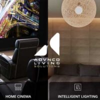 ALS-HOME-CINEMA-LIGHTING - Municipal Debt Specialist Split-panel banner for Advanced Lighting Solutions: left shows a home cinema with a leather recliner and large screen; right shows a living room with a hanging pendant light and sofa; branding centered between panels.