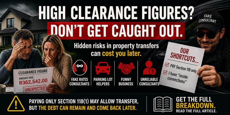 Warning poster about property-transfer scams: a worried couple and a man with a'Fake Consultant' cap, plus icons for fake rates, parking lot helpers, funny business, and unreliable consultants. Bold headline asks 'High clearance figures? Don’t get caught out.'