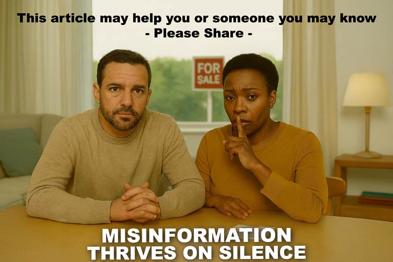 MISINFORMATION-THRIVES-ON-SILENCEv2 - Municipal Debt Specialist Two adults sit at a table with a 'For Sale' sign in view behind them; headline warns that misinformation thrives on silence, urging sharing.