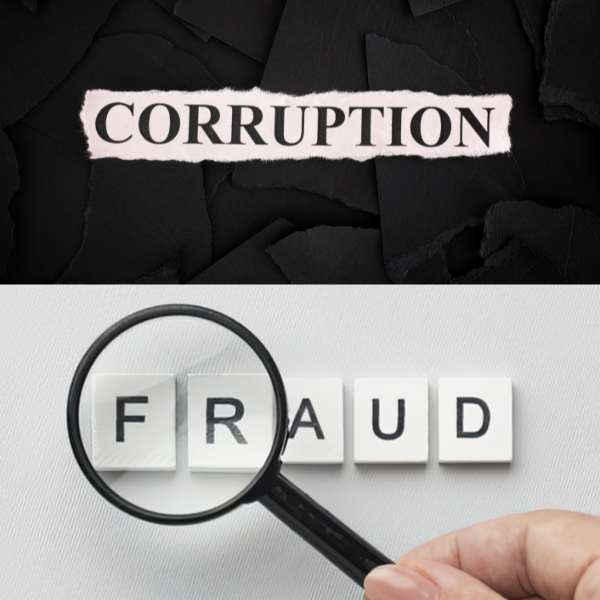 Corruption and fraud investigation theme: torn sign reading CORRUPTION with a magnifying glass over tiles spelling FRAUD.
